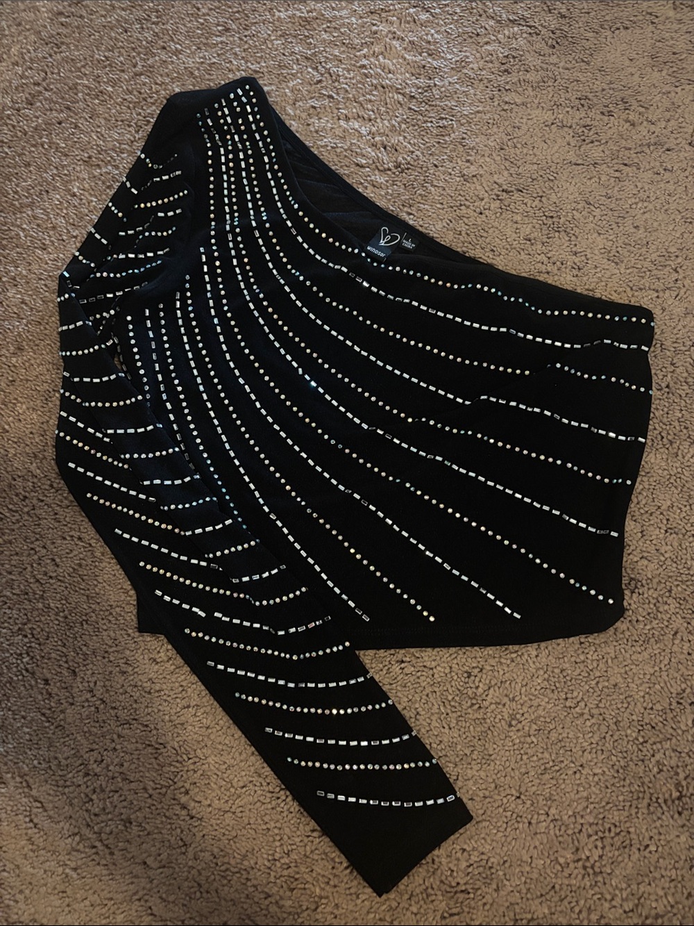 Windsor Black One-Shoulder Rhinestone Crop Top